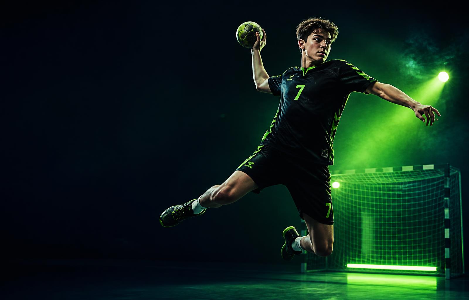 Junger Handballer beim Sprungwurf in dunkler Halle mit grünem Licht